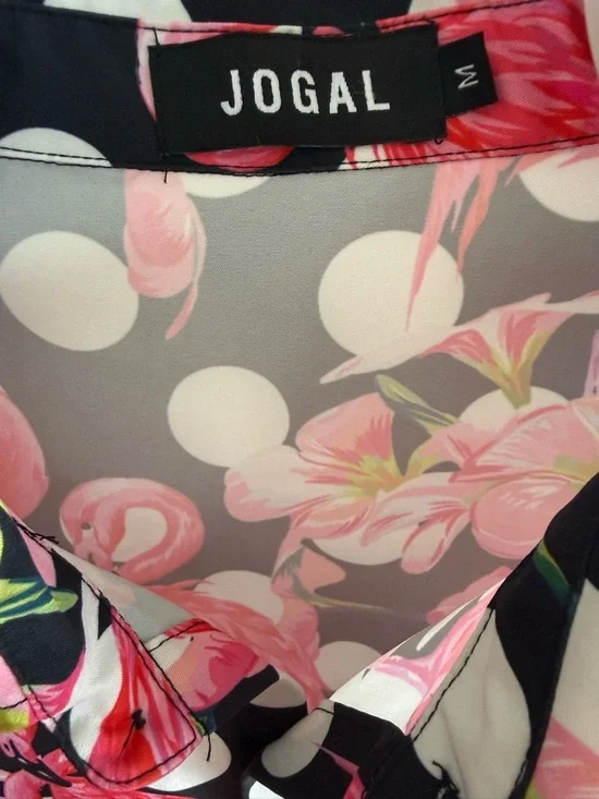 Flamingo Print Button Up Shirt Polka Dot Black Pink Tropical Size M - Picture 4 of 4